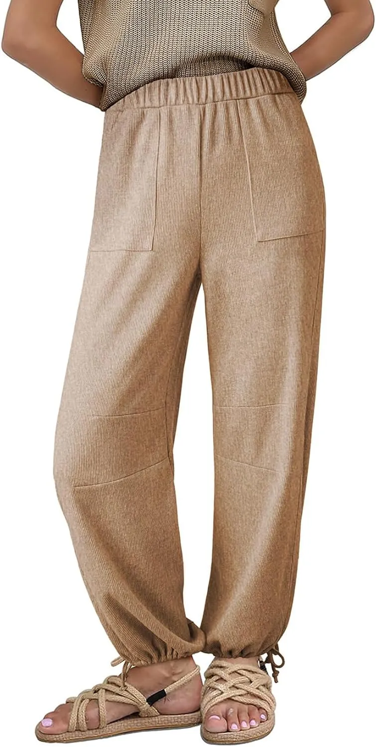 Dokotoo Womens Baggy Wide Leg Pants Drawstrings Cuffs Elastic Waisted Loose Palazzo Casual Harem Pants with Pockets