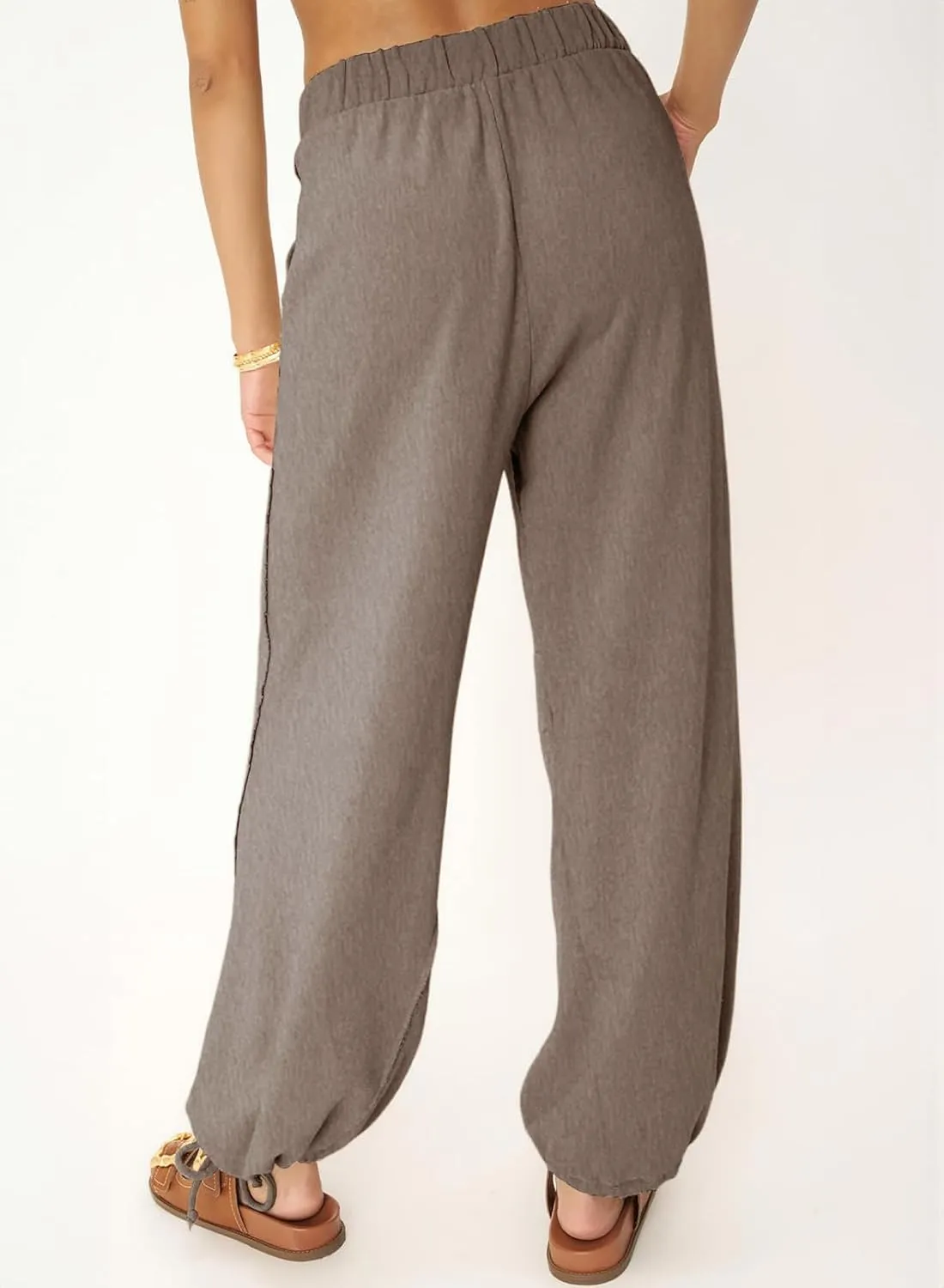 Dokotoo Womens Baggy Wide Leg Pants Drawstrings Cuffs Elastic Waisted Loose Palazzo Casual Harem Pants with Pockets