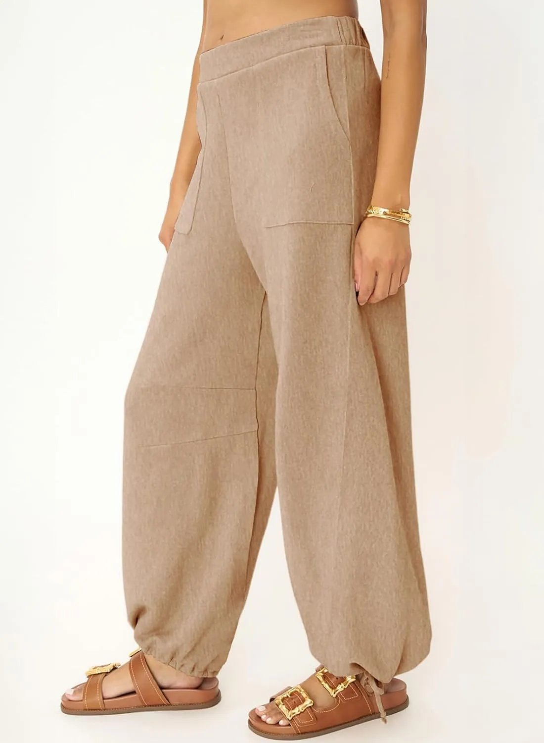 Dokotoo Womens Baggy Wide Leg Pants Drawstrings Cuffs Elastic Waisted Loose Palazzo Casual Harem Pants with Pockets