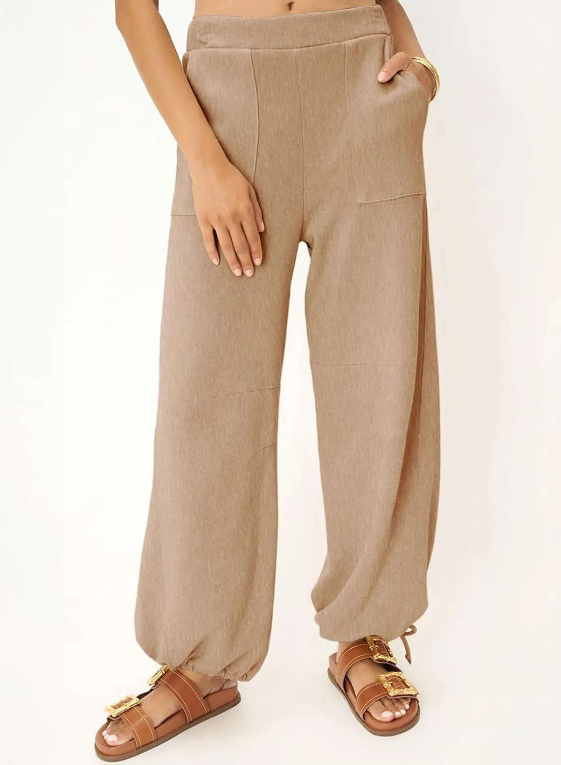 Dokotoo Womens Baggy Wide Leg Pants Drawstrings Cuffs Elastic Waisted Loose Palazzo Casual Harem Pants with Pockets