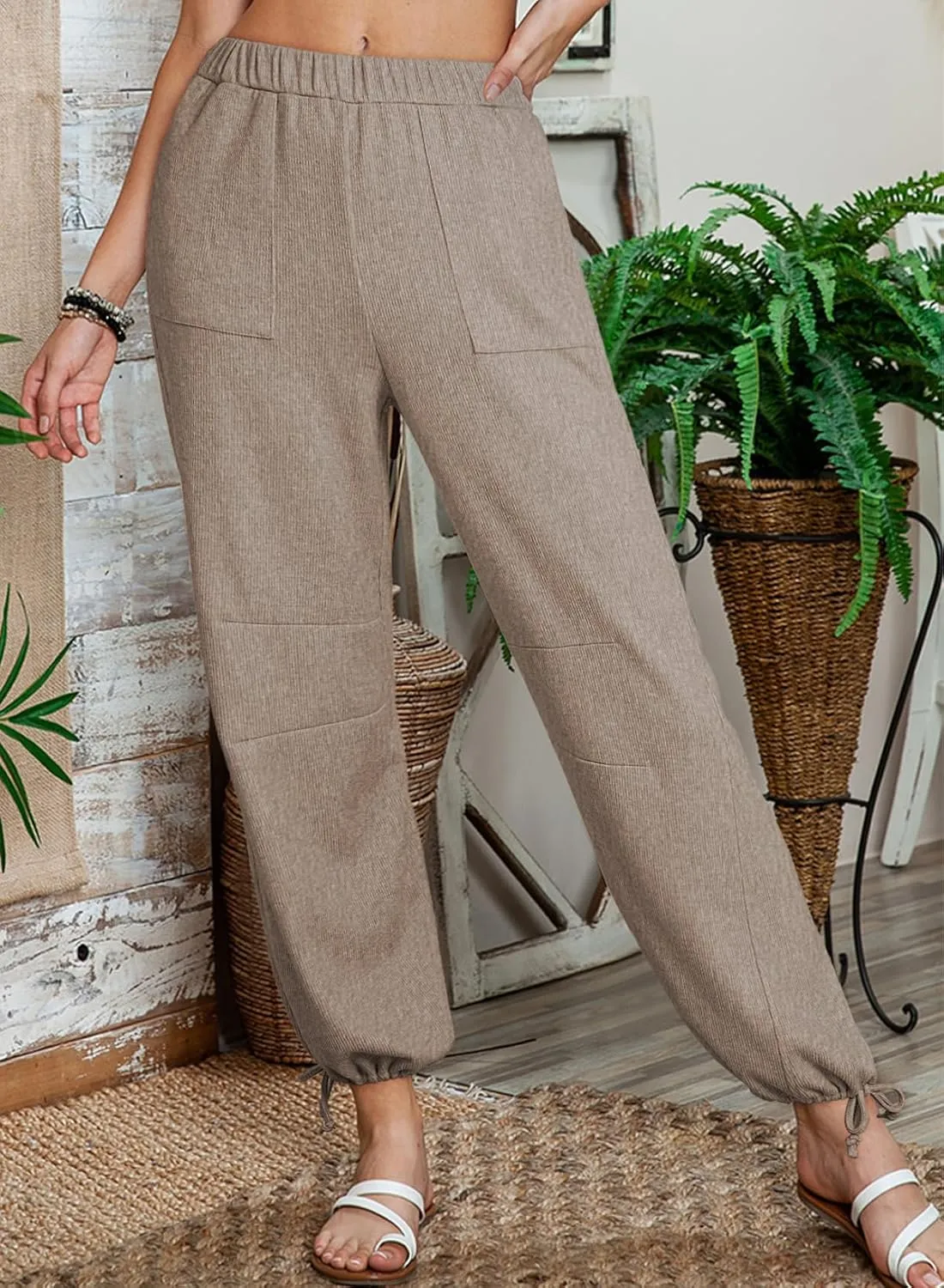 Dokotoo Womens Baggy Wide Leg Pants Drawstrings Cuffs Elastic Waisted Loose Palazzo Casual Harem Pants with Pockets
