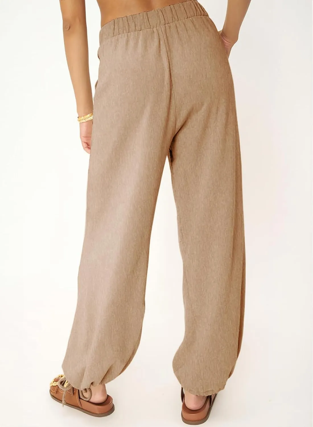 Dokotoo Womens Baggy Wide Leg Pants Drawstrings Cuffs Elastic Waisted Loose Palazzo Casual Harem Pants with Pockets