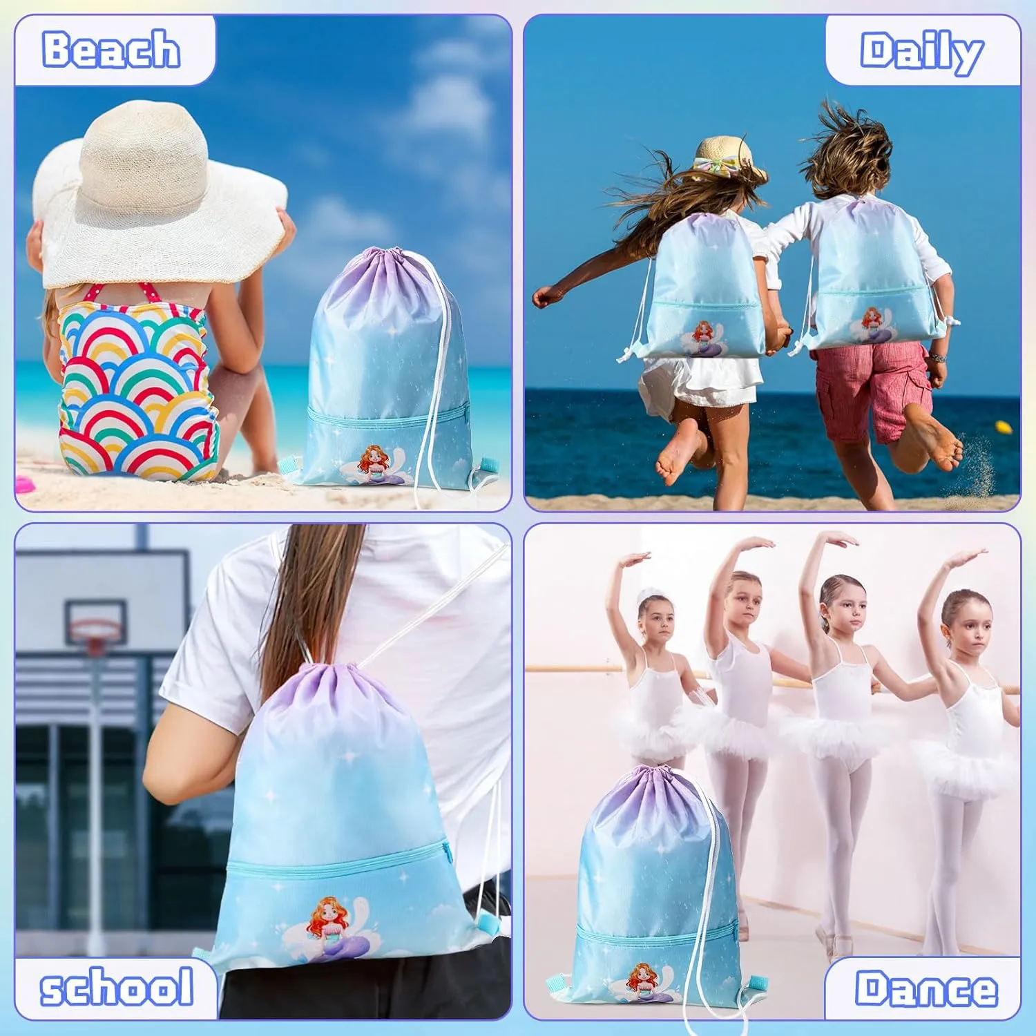 Drawstring Backpack for Girls Drawstring Gym Bag Waterproof Cinch Bags for Sports Dance Swimming Beach Travel with Zipper Pocket