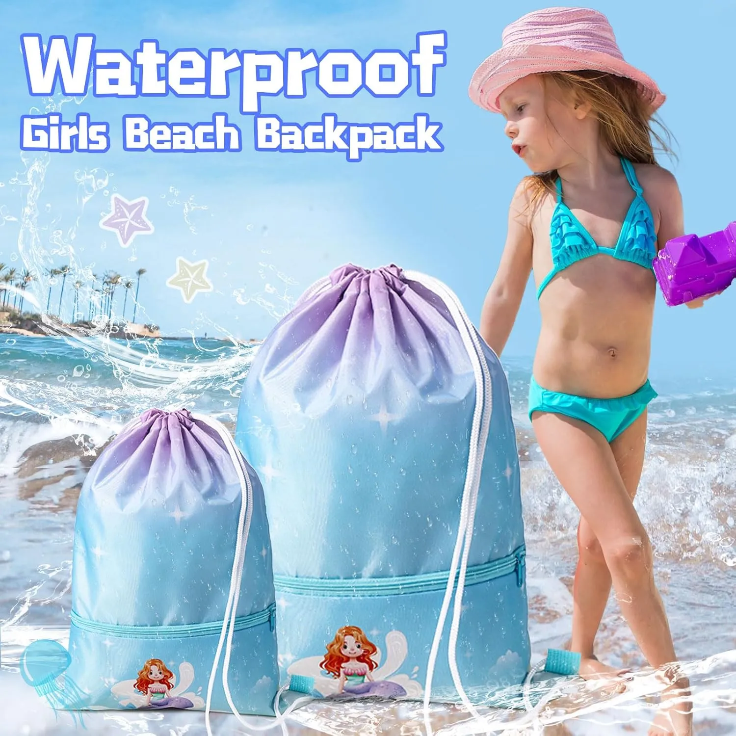 Drawstring Backpack for Girls Drawstring Gym Bag Waterproof Cinch Bags for Sports Dance Swimming Beach Travel with Zipper Pocket