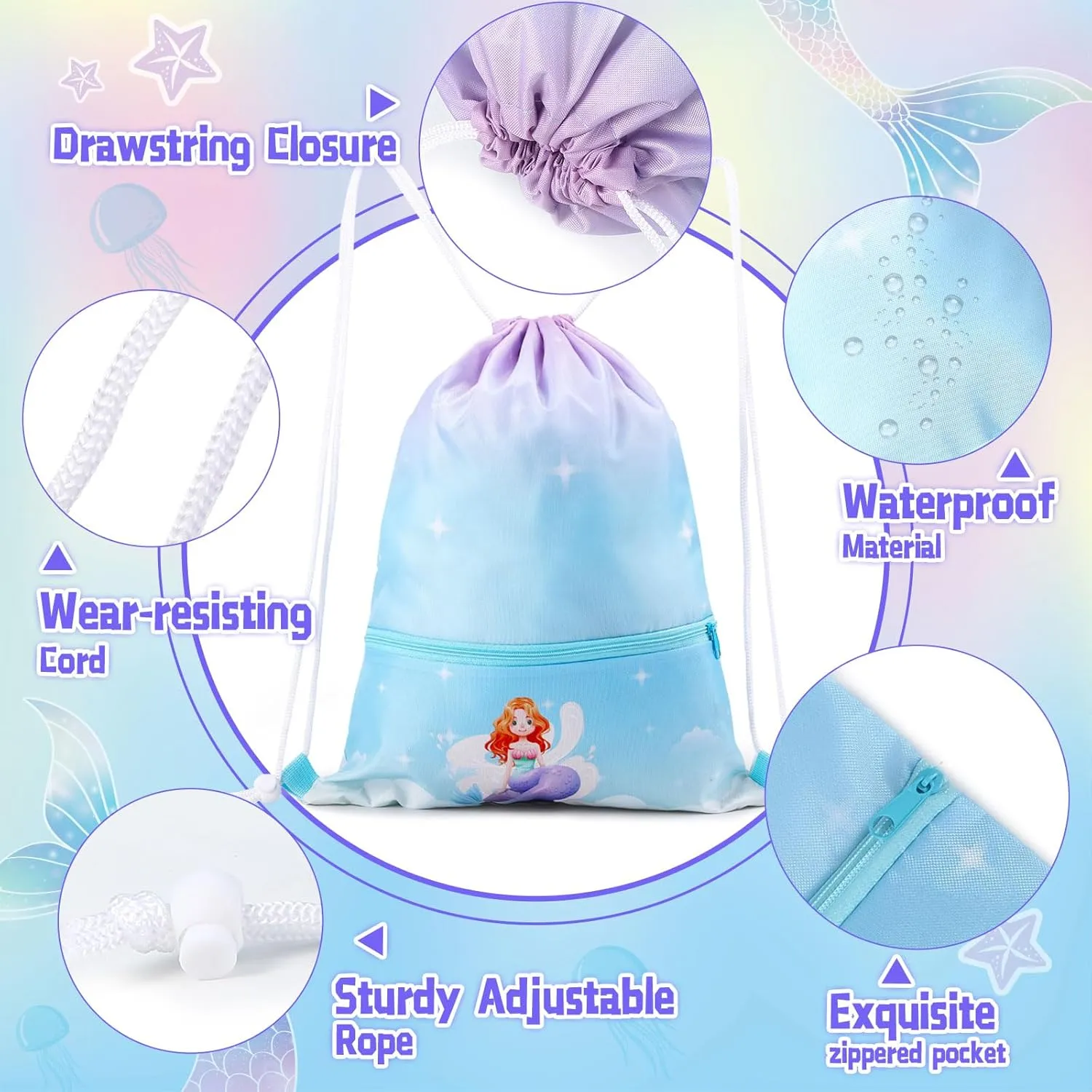 Drawstring Backpack for Girls Drawstring Gym Bag Waterproof Cinch Bags for Sports Dance Swimming Beach Travel with Zipper Pocket