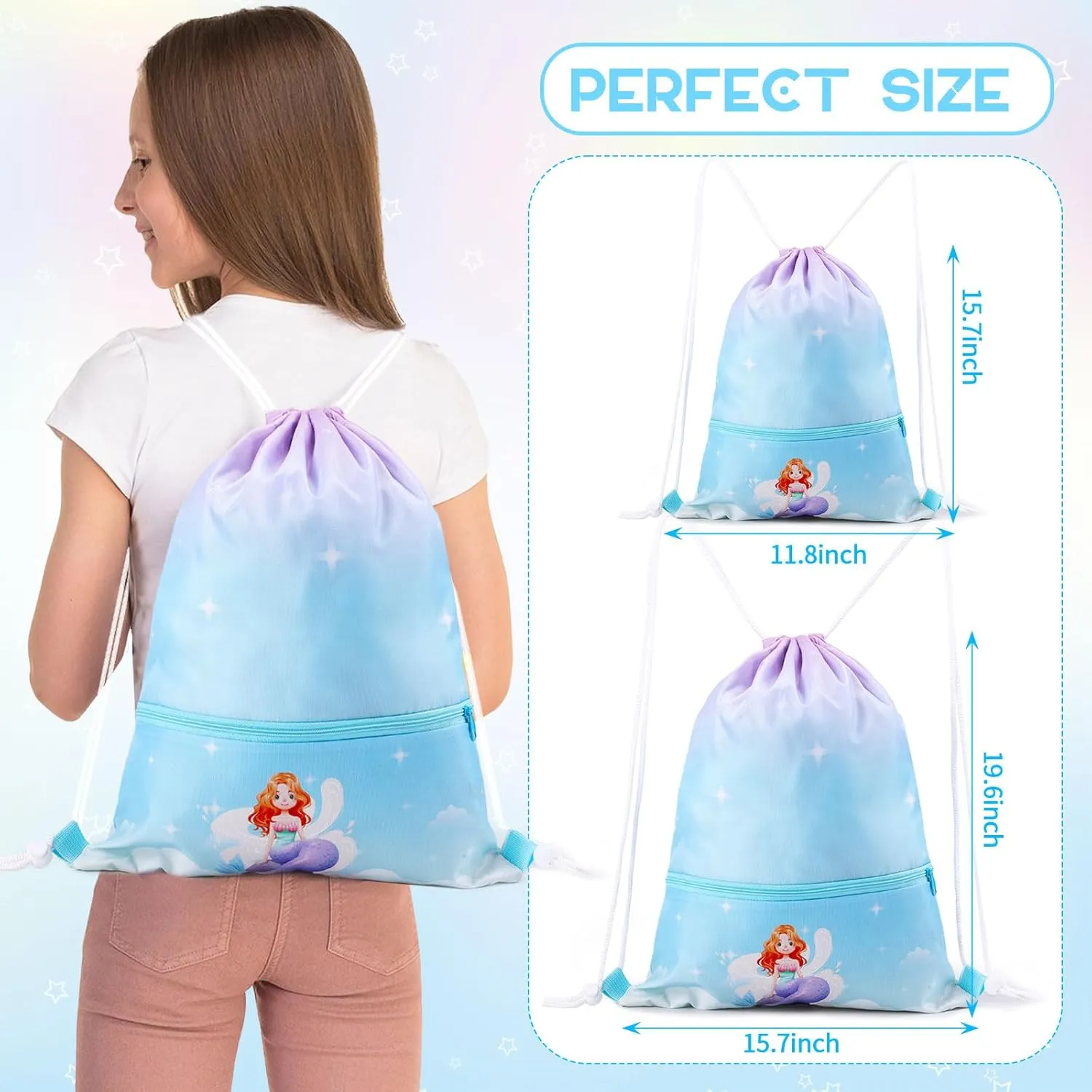Drawstring Backpack for Girls Drawstring Gym Bag Waterproof Cinch Bags for Sports Dance Swimming Beach Travel with Zipper Pocket