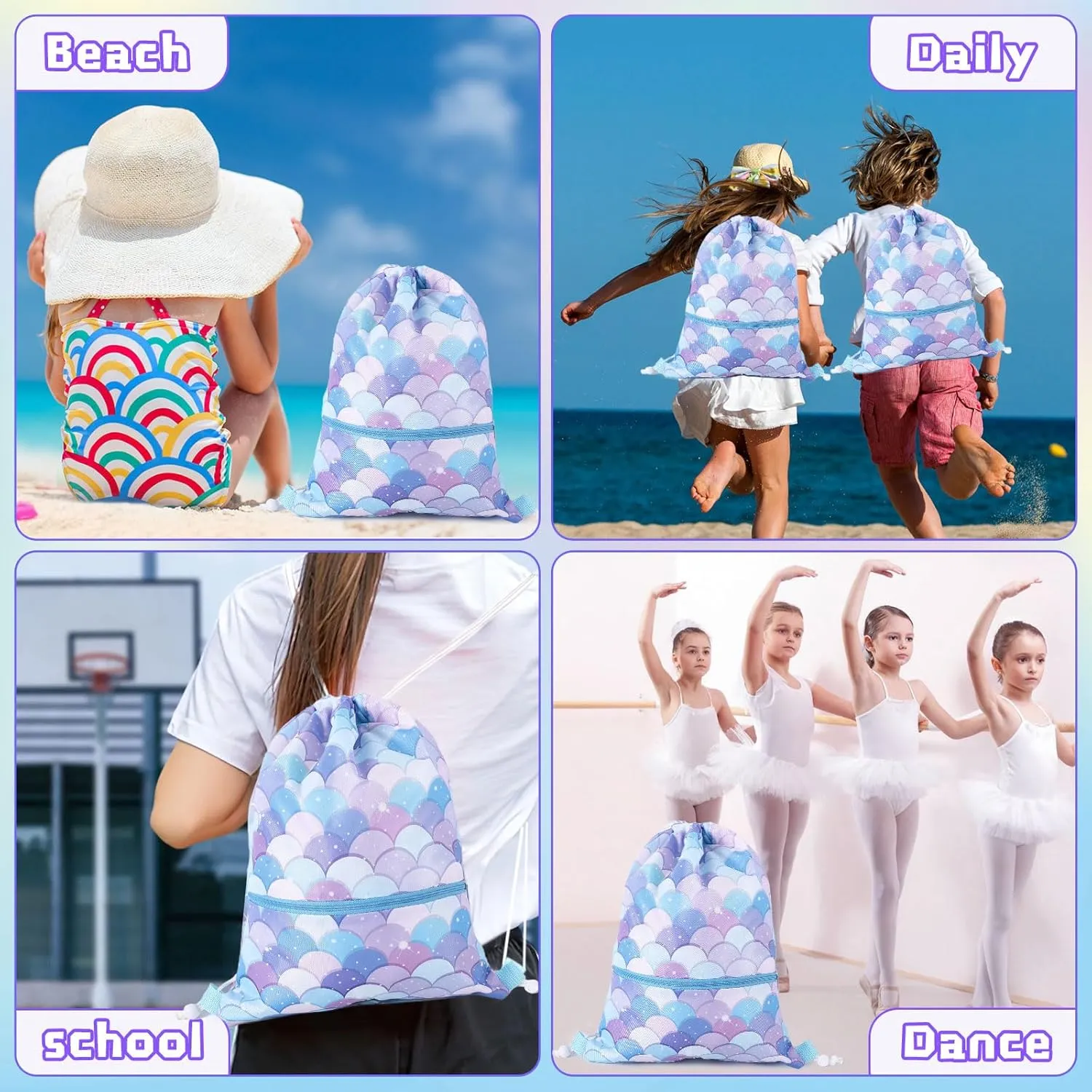 Drawstring Backpack for Girls Drawstring Gym Bag Waterproof Cinch Bags for Sports Dance Swimming Beach Travel with Zipper Pocket
