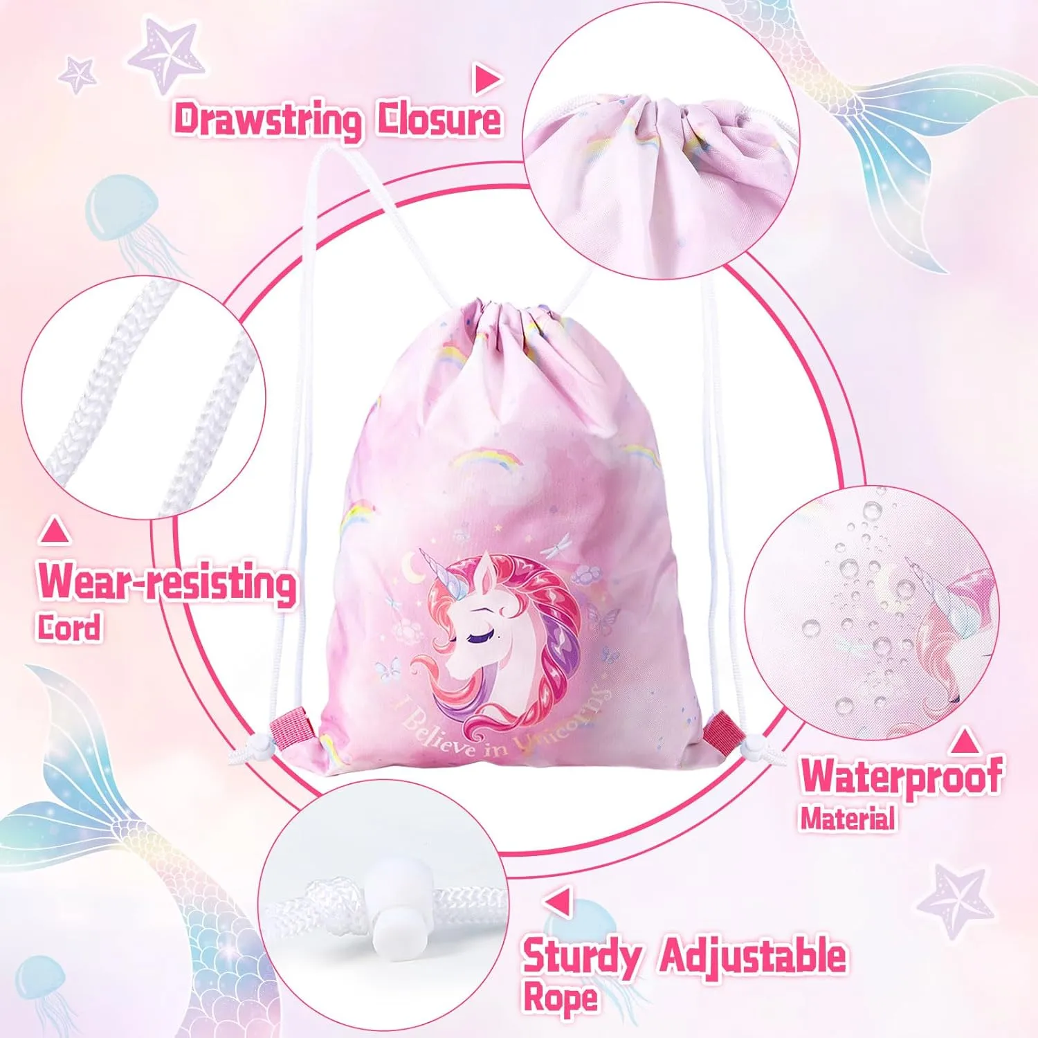 Drawstring Backpack for Girls Pink Drawstring Gym Bag Waterproof Draw String back Bag for Sports Dance Swimming Beach Travel Birthday Gift