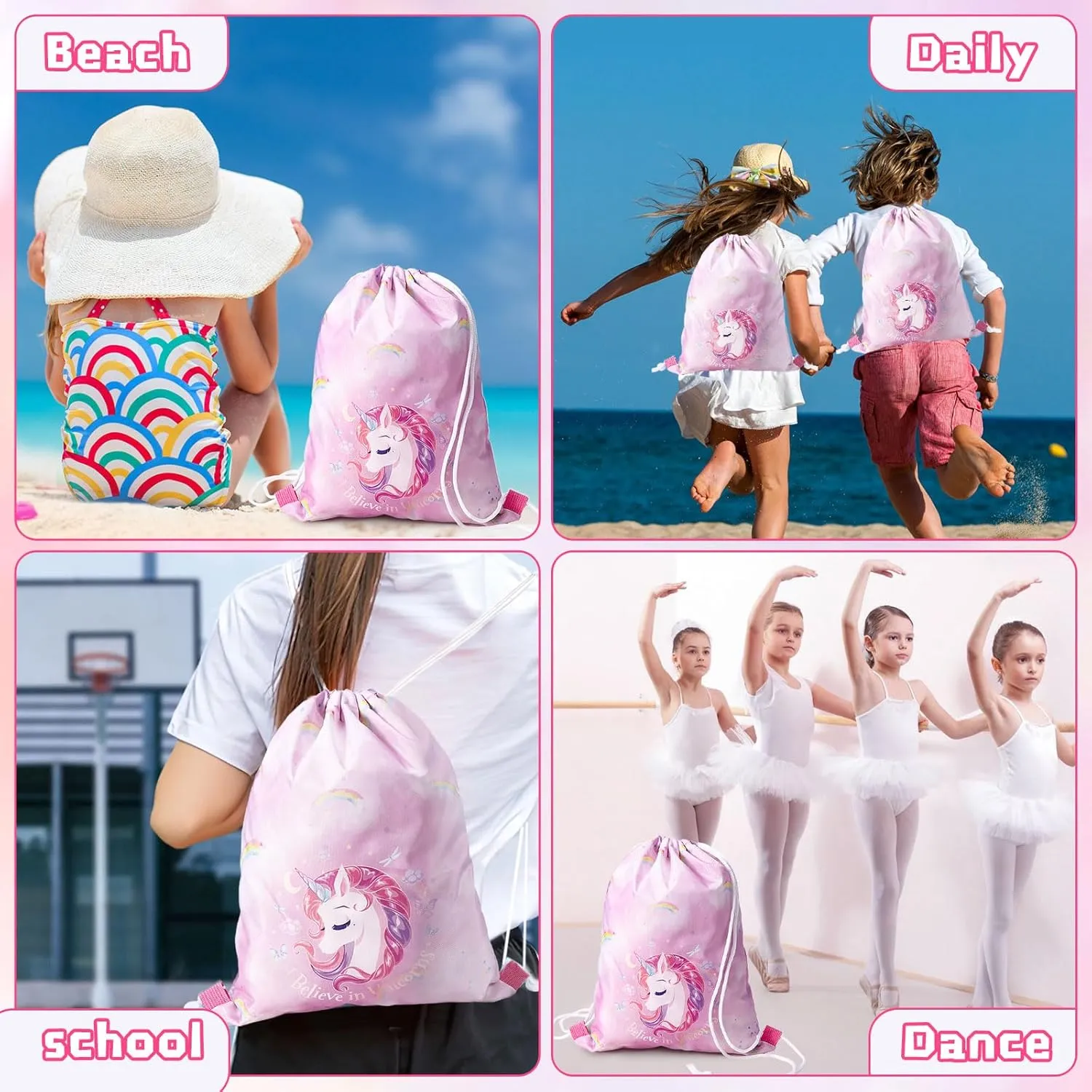 Drawstring Backpack for Girls Pink Drawstring Gym Bag Waterproof Draw String back Bag for Sports Dance Swimming Beach Travel Birthday Gift