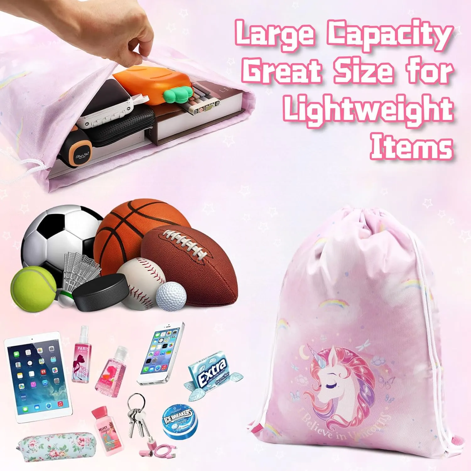 Drawstring Backpack for Girls Pink Drawstring Gym Bag Waterproof Draw String back Bag for Sports Dance Swimming Beach Travel Birthday Gift