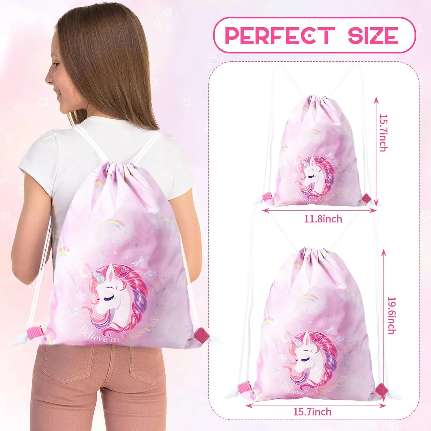 Drawstring Backpack for Girls Pink Drawstring Gym Bag Waterproof Draw String back Bag for Sports Dance Swimming Beach Travel Birthday Gift