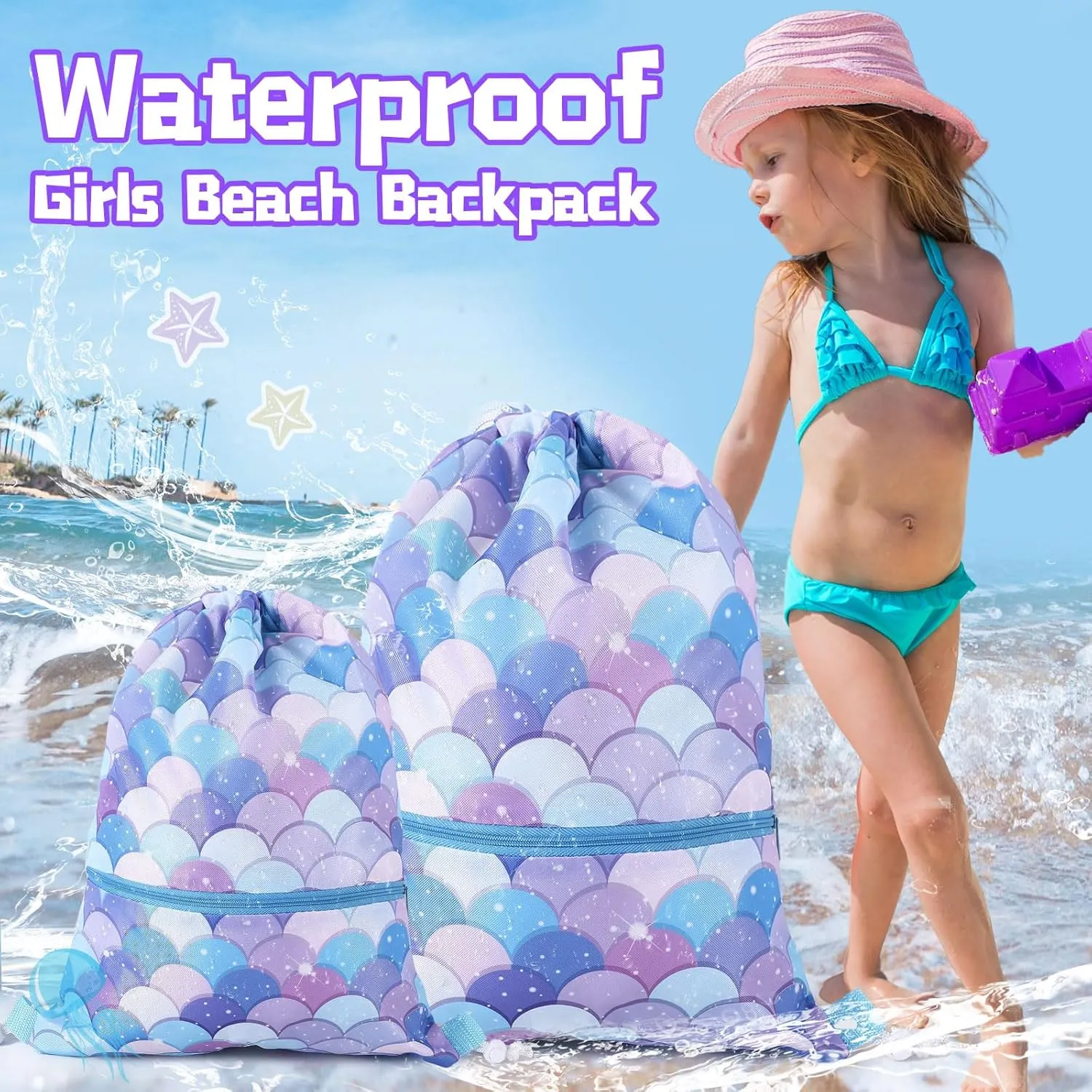 Drawstring Backpack Girls Drawstring Gym Bag Waterproof Cinch Bags Beach Bag for Gym Sports with Zipper Pocket