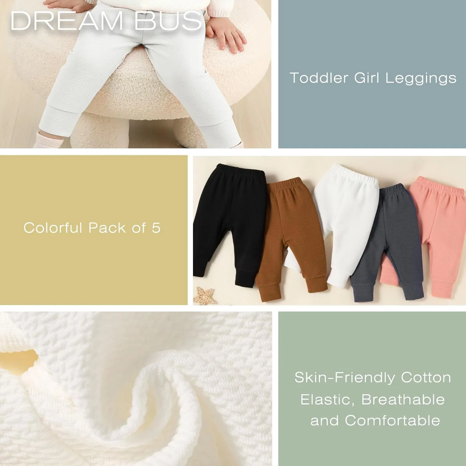 DREAM BUS 5 Pack Baby Girl Pants Toddler Girls Sweatpants Newborn Solid Jogger Pants Fall Baby Girl Waffles Leggings