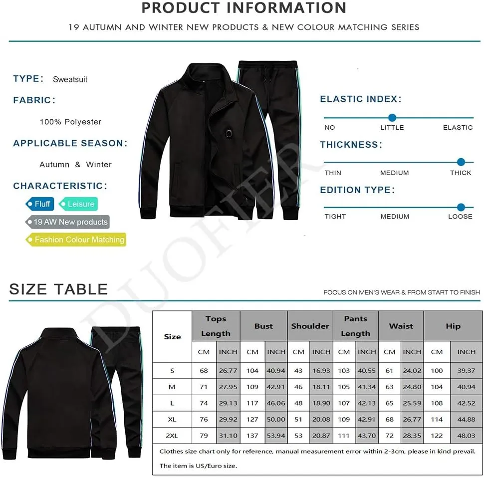 DUOFIER Men Tracksuit Set Full-Zip Sweatshirt Jogger Sweatpants Warm Sports Suit Gym Training Wear