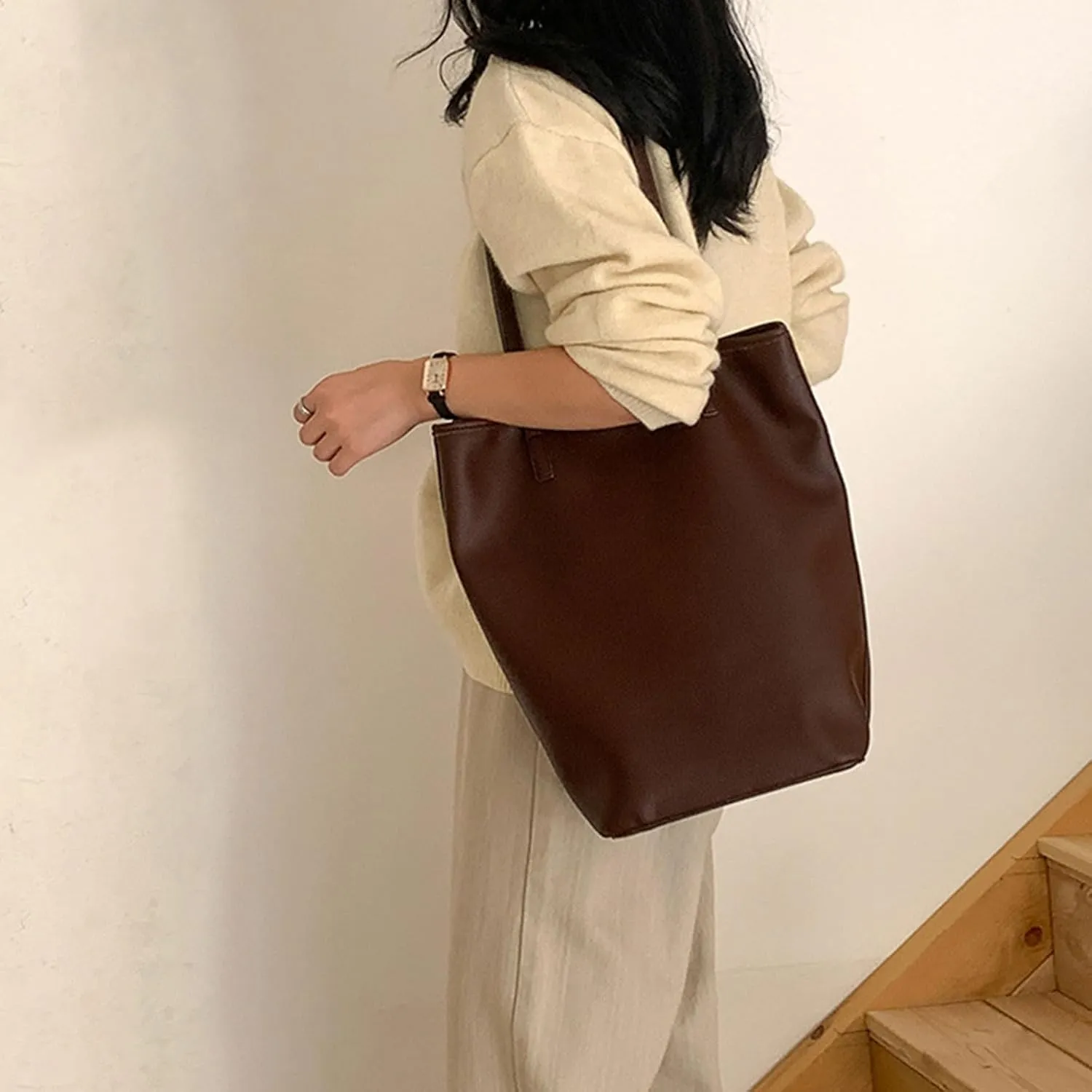Elegant Bucket Bag Large Leather Shoulder Bags For Women Girls Underarm Purse Casual Handbag With Spacious Interior