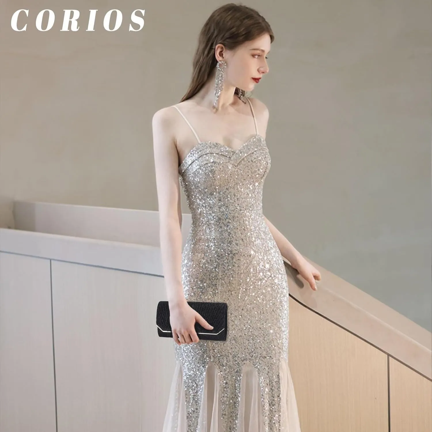 Elegant Crossbody Shoulder Bag Women Clutch Shiny Sequins Evening Glitter Handbag with Long Bridal Wedding Purse