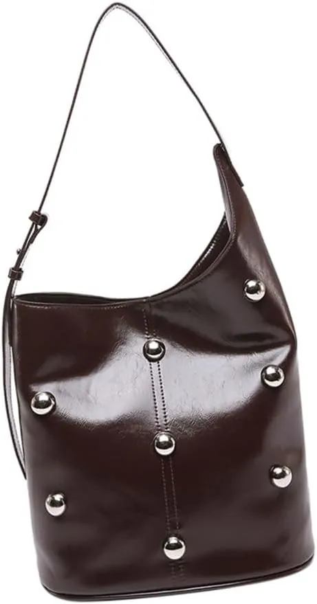 Elegant Slouchy Shoulder Bucket Bag for Women Rivets Beads Studded PU Leather Underarm Handbag with Spacious Interior