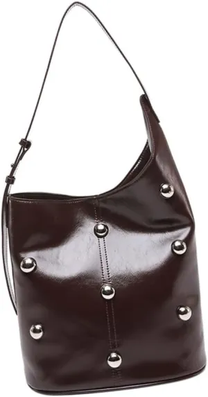 Elegant Slouchy Shoulder Bucket Bag for Women Rivets Beads Studded PU Leather Underarm Handbag with Spacious Interior