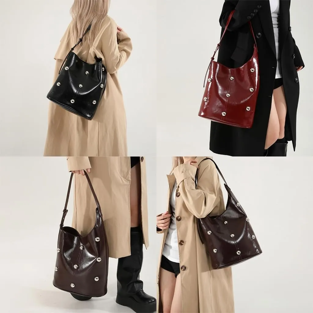 Elegant Slouchy Shoulder Bucket Bag for Women Rivets Beads Studded PU Leather Underarm Handbag with Spacious Interior