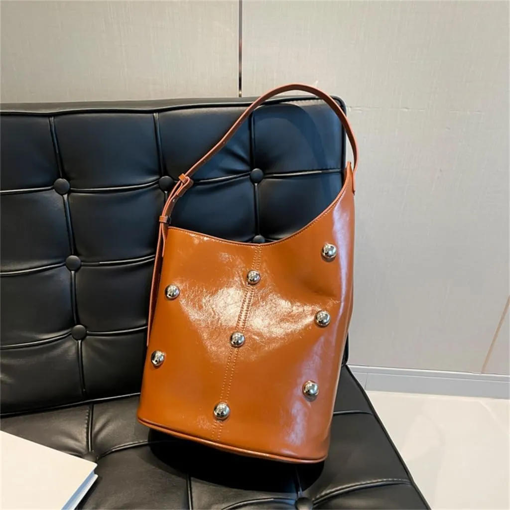 Elegant Slouchy Shoulder Bucket Bag for Women Rivets Beads Studded PU Leather Underarm Handbag with Spacious Interior