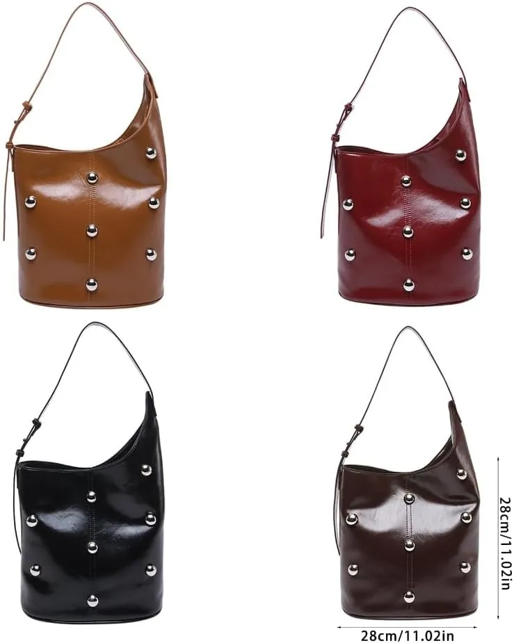 Elegant Slouchy Shoulder Bucket Bag for Women Rivets Beads Studded PU Leather Underarm Handbag with Spacious Interior