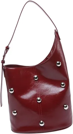Elegant Slouchy Shoulder Bucket Bag for Women Rivets Beads Studded PU Leather Underarm Handbag with Spacious Interior
