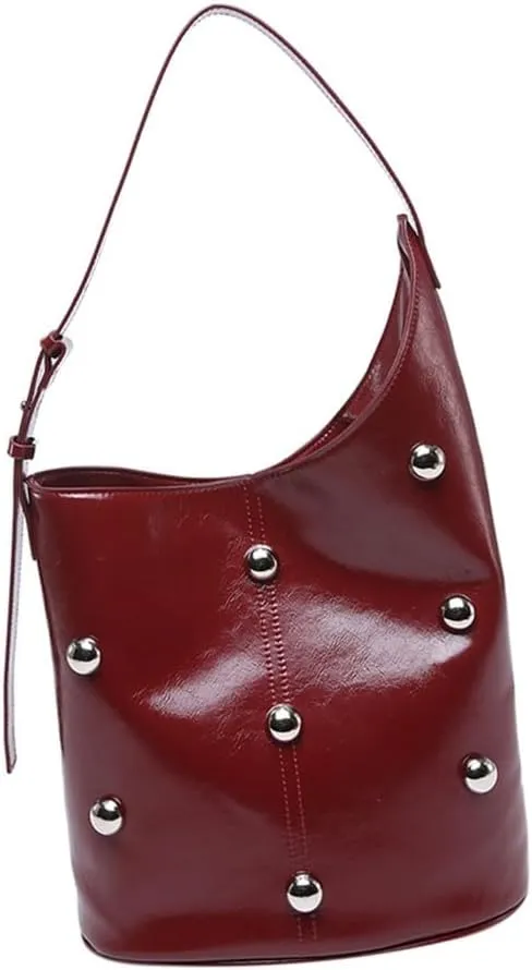 Elegant Slouchy Shoulder Bucket Bag for Women Rivets Beads Studded PU Leather Underarm Handbag with Spacious Interior
