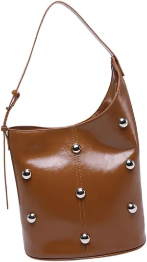 Elegant Slouchy Shoulder Bucket Bag for Women Rivets Beads Studded PU Leather Underarm Handbag with Spacious Interior