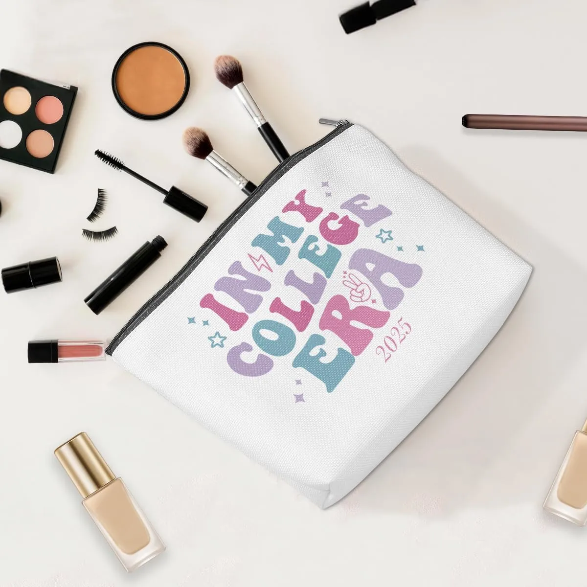 ENGVZ In My College Era 2025: Trendy Dorm Room Makeup Bag with Water Resistance - Compact Student Cosmetic Pouch for Dorm, Campus & Travel (Backpack-Friendly)
