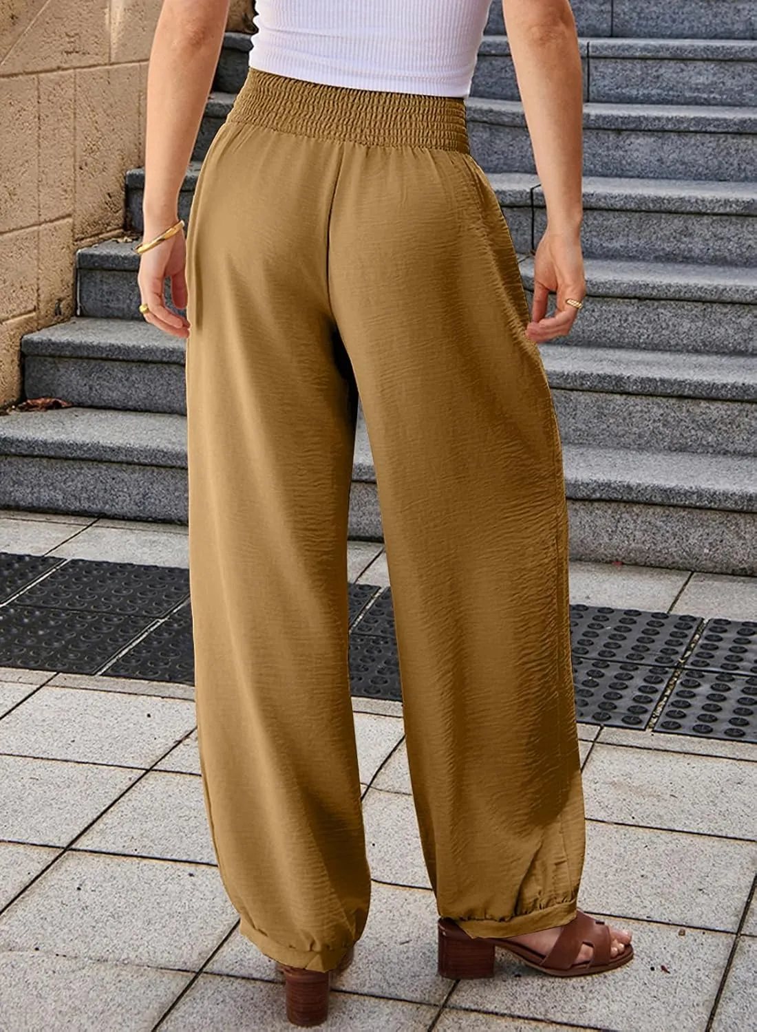 EVALESS Women's Wide Leg Baggy Pants Elastic High Waisted Casual Harem Pants Trousers with Pockets
