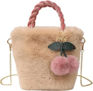 Fashion Bags, Crossbody Bags, 2023 New Bucket Bag with Pendant Plush Fashion Chain Bag Crossbody Bag Versatile Shoulder Bag for Women Girl(Khaki)