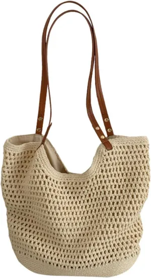 Fashion Bucket Bag Cotton Rope Woven Shoulder Handbag Beach Bags for Vacation with Spacious Compartments