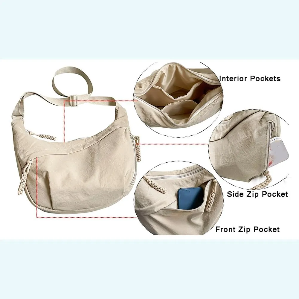 Fashion Plain Color Nylon Crossbody Bag For Women, Slouchy Dumpling and Multi-Pocket Sling Bag, Limorence Roomy Hobo Bags