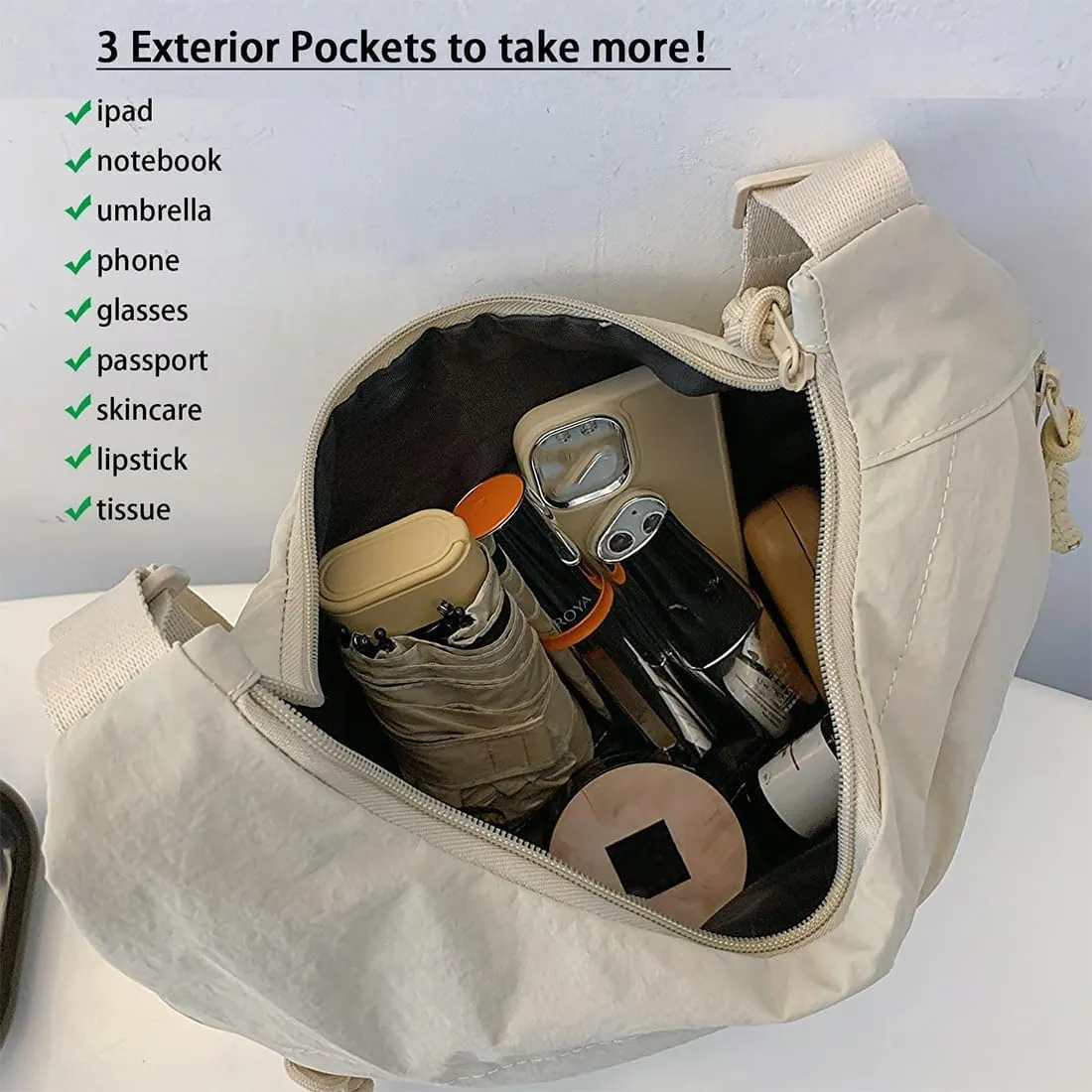 Fashion Plain Color Nylon Crossbody Bag For Women, Slouchy Dumpling and Multi-Pocket Sling Bag, Limorence Roomy Hobo Bags