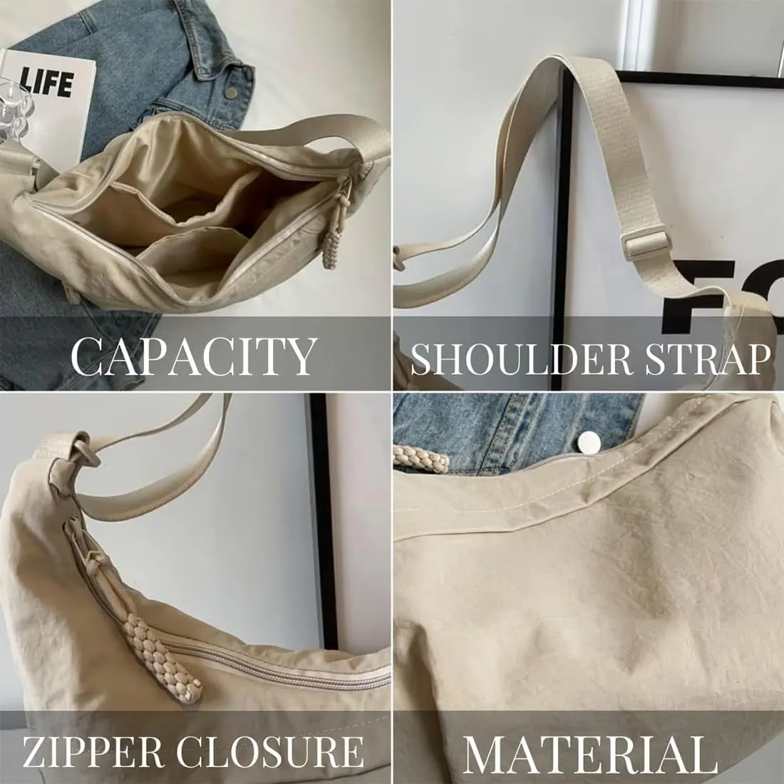 Fashion Plain Color Nylon Crossbody Bag For Women, Slouchy Dumpling and Multi-Pocket Sling Bag, Limorence Roomy Hobo Bags