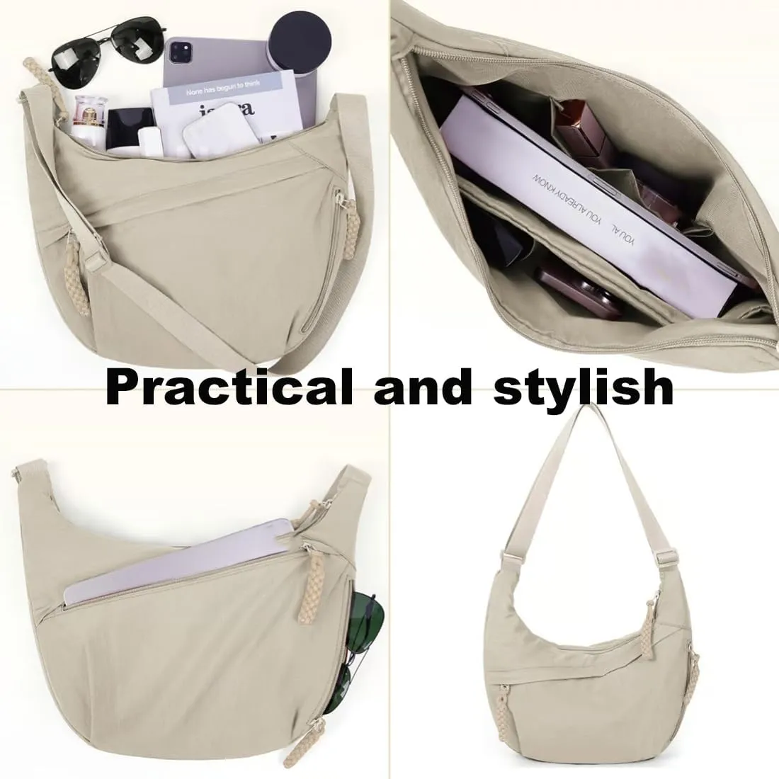 Fashion Plain Color Nylon Crossbody Bag For Women, Slouchy Dumpling and Multi-Pocket Sling Bag, Limorence Roomy Hobo Bags