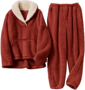 Flygo Women Fuzzy Warm Fleece Pajamas Sets Winter Flannel Sleepwear Fluffy Pajama Pullover Top Lounge Pants Set