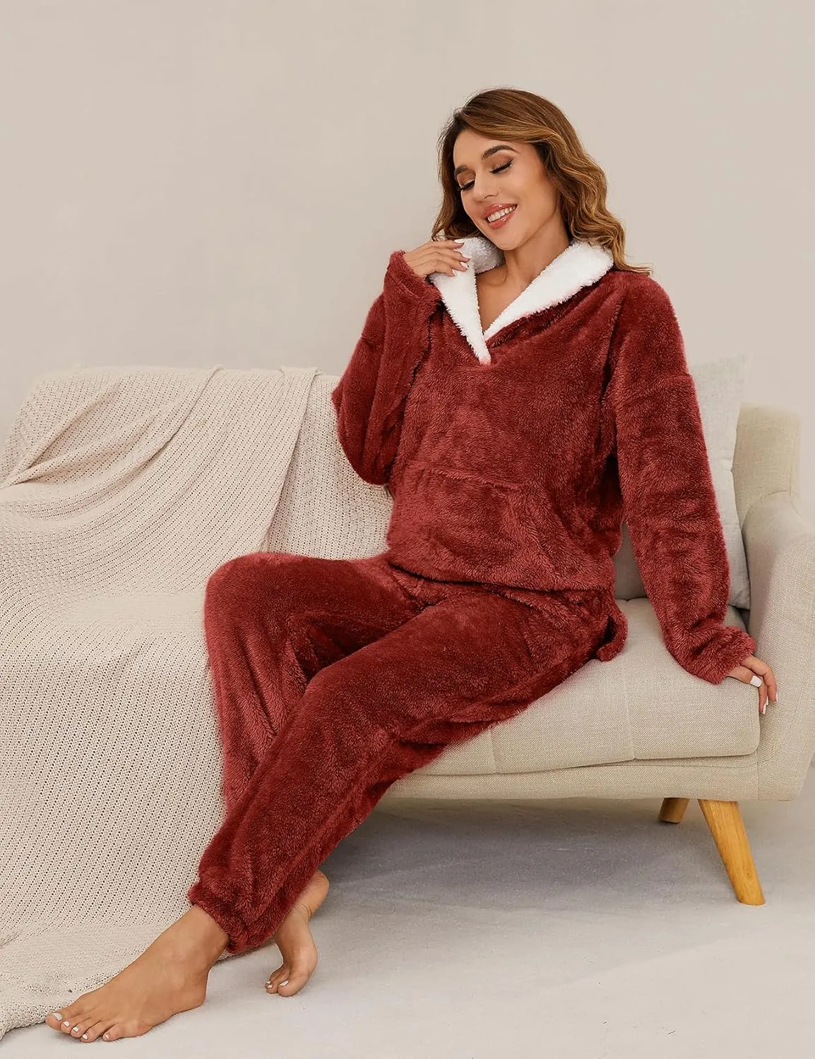 Flygo Women Fuzzy Warm Fleece Pajamas Sets Winter Flannel Sleepwear Fluffy Pajama Pullover Top Lounge Pants Set