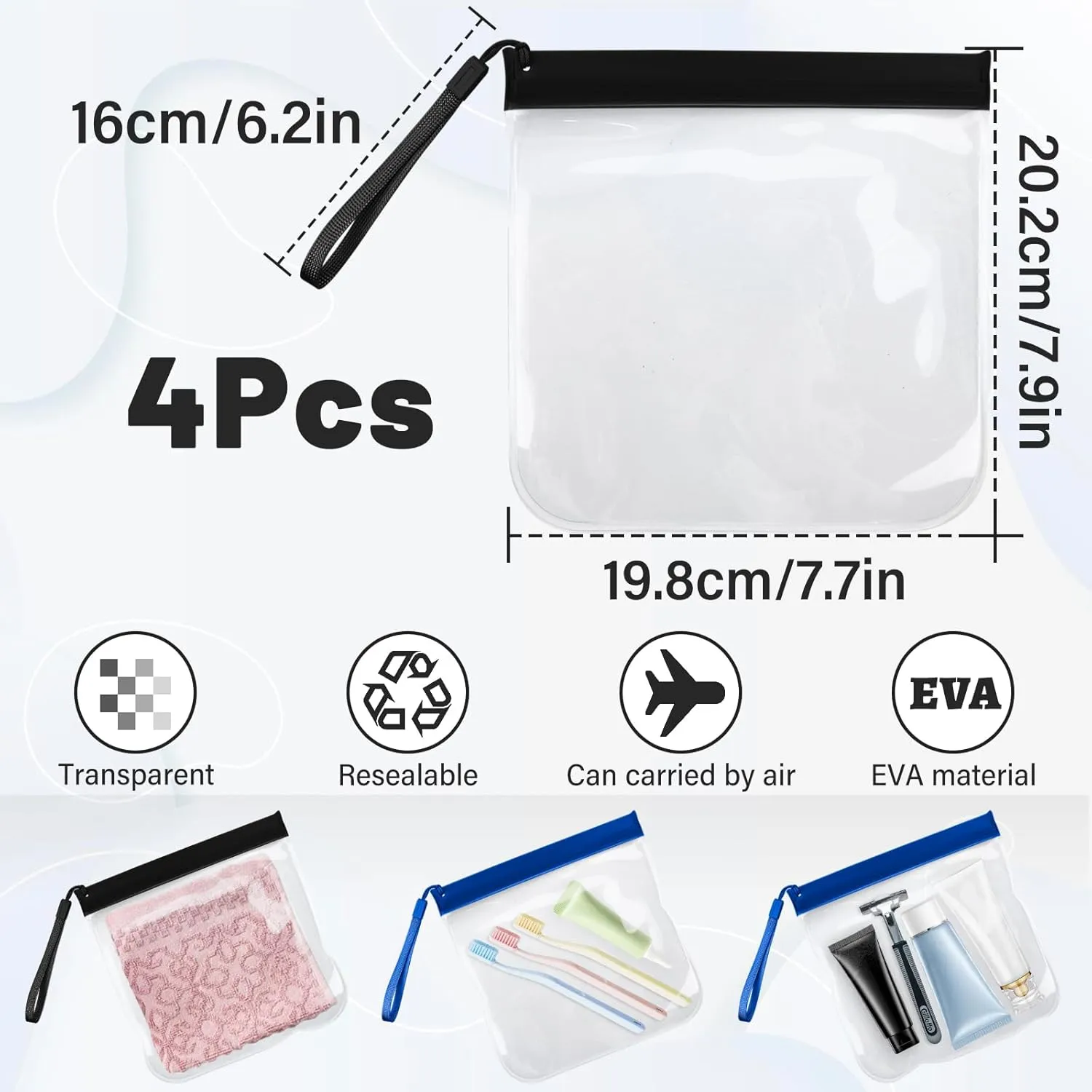 FuninCrea 4 PCS Clear Travel Toiletry Bag, 20 x 20cm Airport Security Sealing Liquid Bag Clear Bag Waterproof Toiletry Bag For Women Men Portable Small Makeup Bag Pouch Travel Essential (Black Blue)