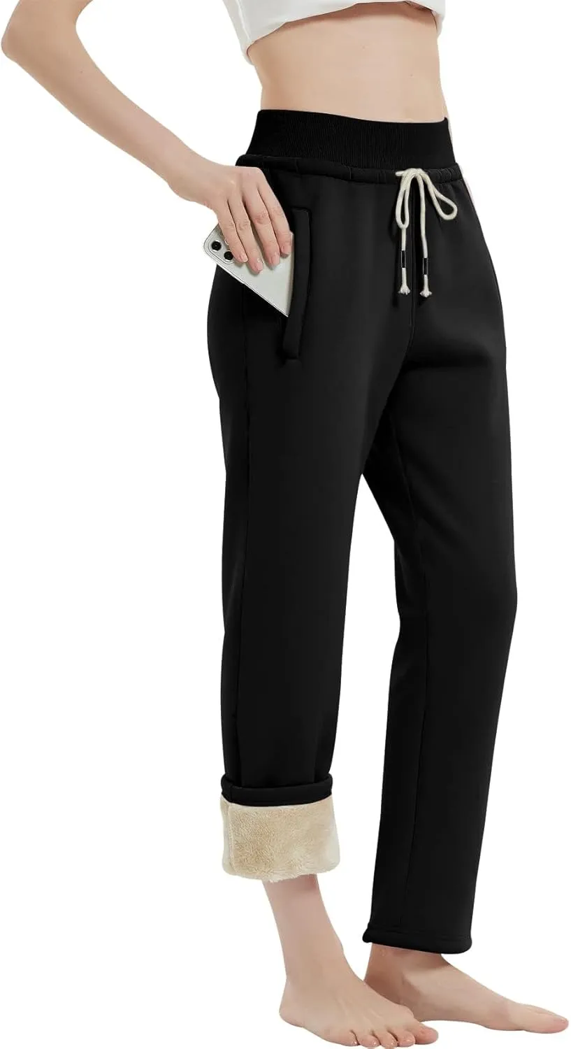 Gihuo Women's Sherpa Lined Sweatpants Winter Warm Fleece Lined Sweatpants with Pockets Fleece Jogger Pants