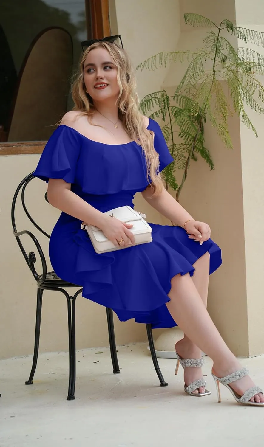 GOBLES Women's Elegant Off The Sholder Back Zipper Ruffles Bodycon Midi Cocktail Dress