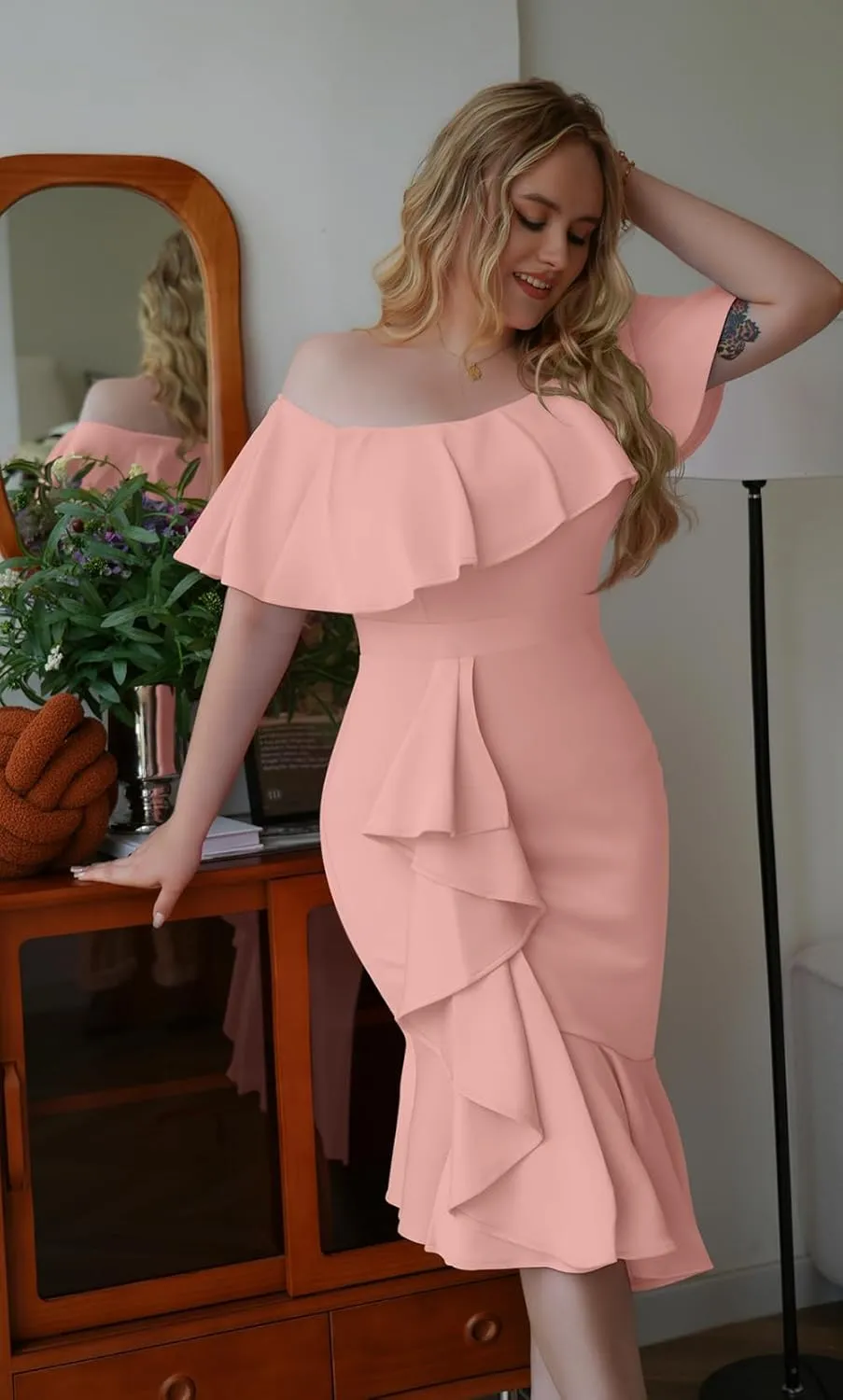 GOBLES Women's Elegant Off The Sholder Back Zipper Ruffles Bodycon Midi Cocktail Dress