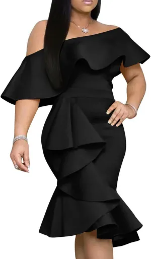 GOBLES Women's Elegant Off The Sholder Back Zipper Ruffles Bodycon Midi Cocktail Dress