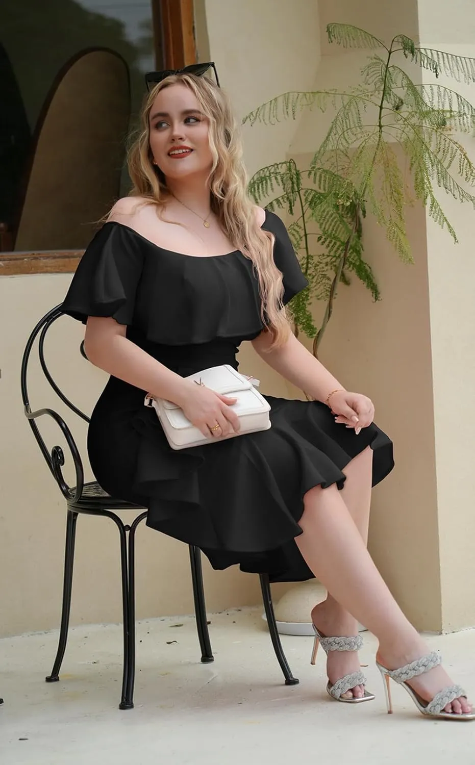 GOBLES Women's Elegant Off The Sholder Back Zipper Ruffles Bodycon Midi Cocktail Dress