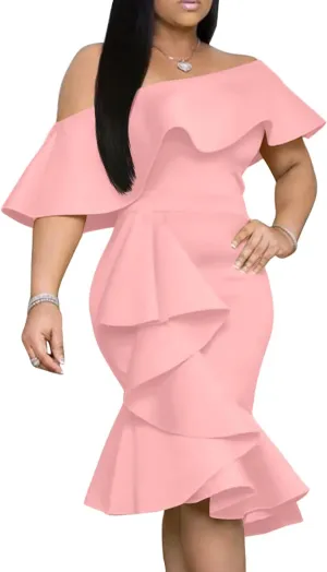 GOBLES Women's Elegant Off The Sholder Back Zipper Ruffles Bodycon Midi Cocktail Dress