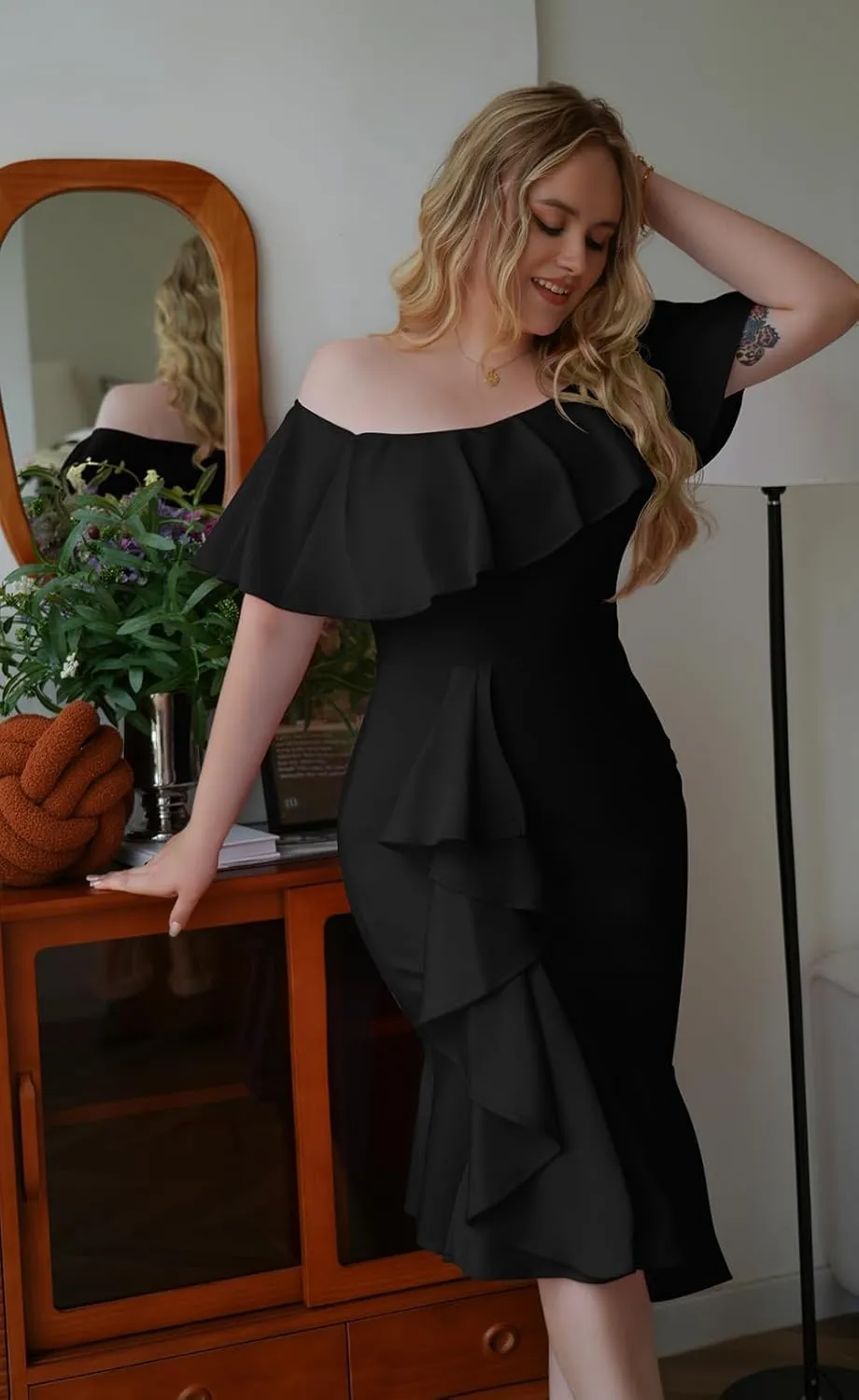 GOBLES Women's Elegant Off The Sholder Back Zipper Ruffles Bodycon Midi Cocktail Dress