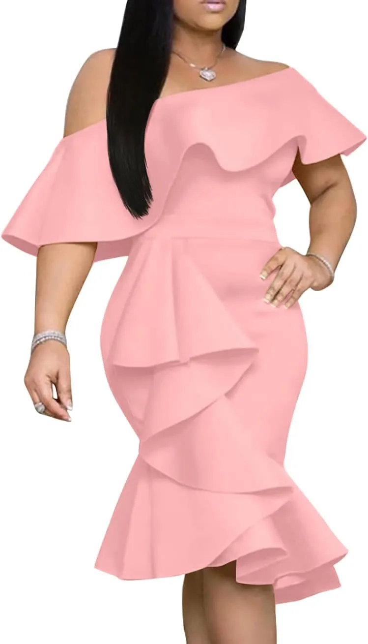 GOBLES Women's Elegant Off The Sholder Back Zipper Ruffles Bodycon Midi Cocktail Dress