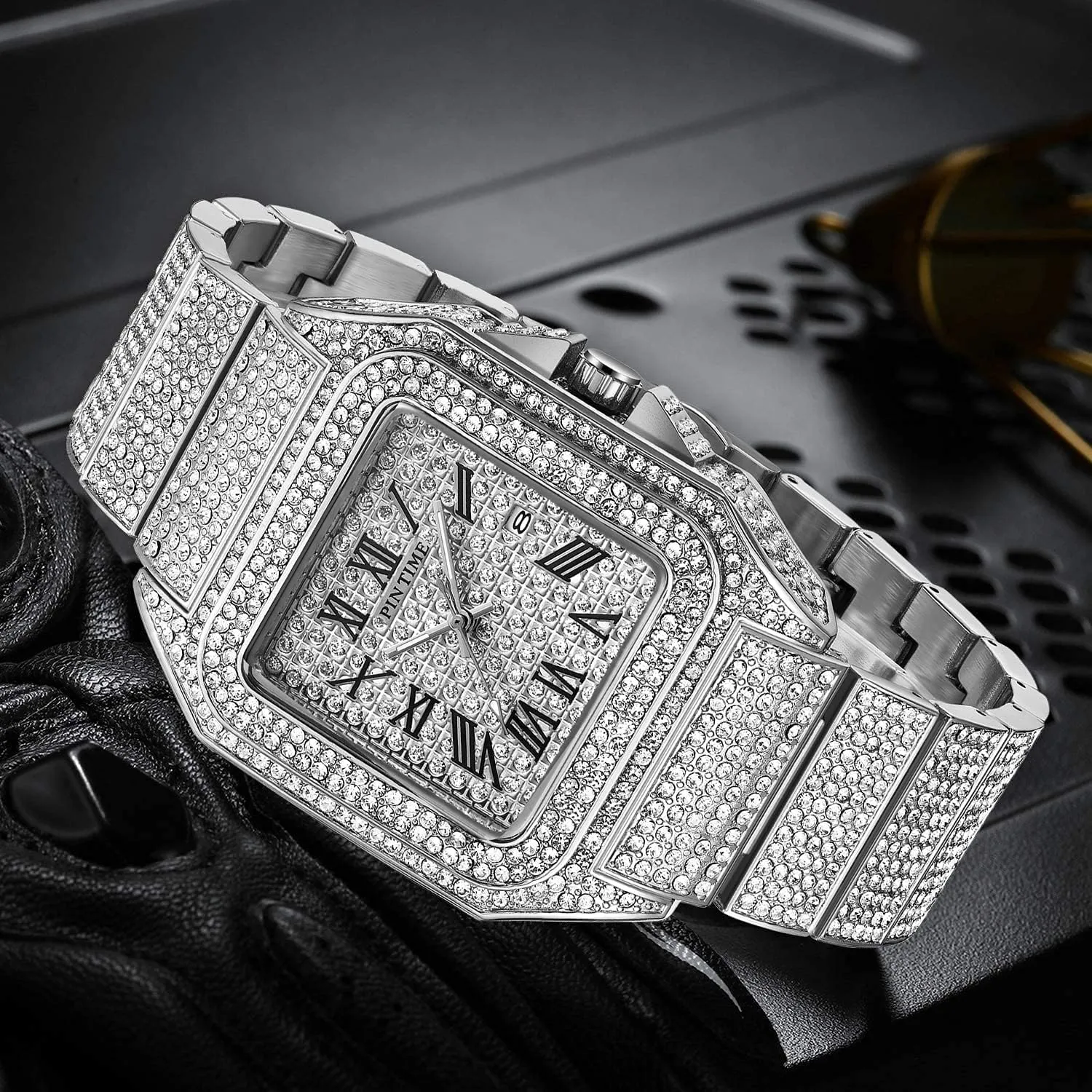 Gosasa Fashion Hip Hop Men's Crystal Watch Bling Bling Watch Rectangle Case Stainless Steel Quartz Analog Bracelet Wristwatch