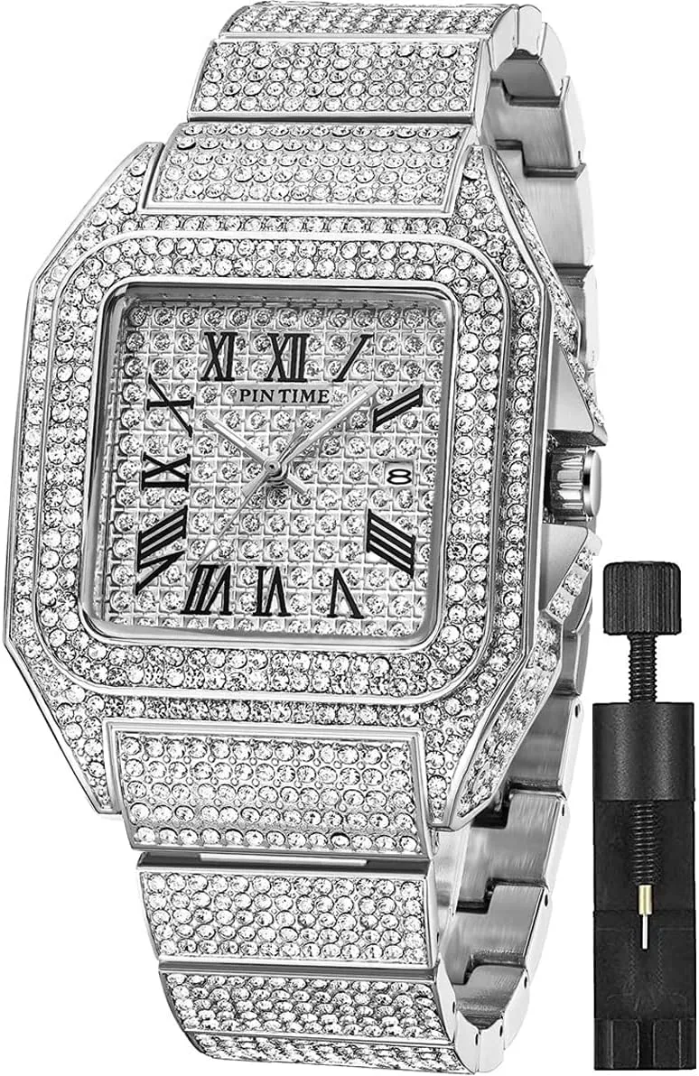 Gosasa Fashion Hip Hop Men's Crystal Watch Bling Bling Watch Rectangle Case Stainless Steel Quartz Analog Bracelet Wristwatch