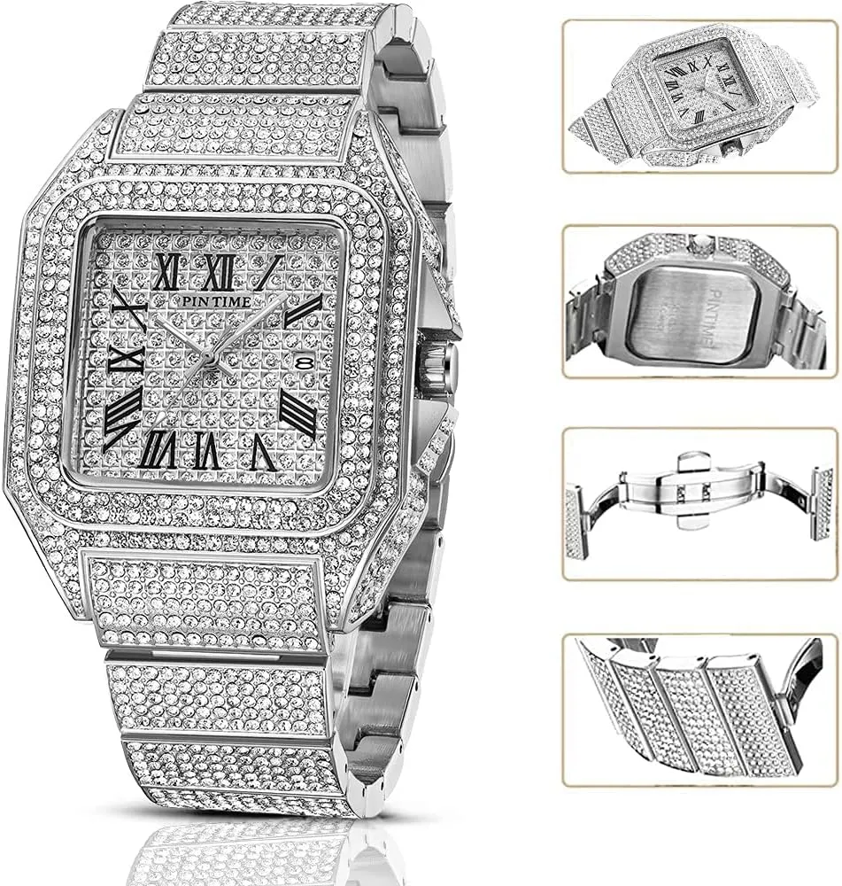 Gosasa Fashion Hip Hop Men's Crystal Watch Bling Bling Watch Rectangle Case Stainless Steel Quartz Analog Bracelet Wristwatch